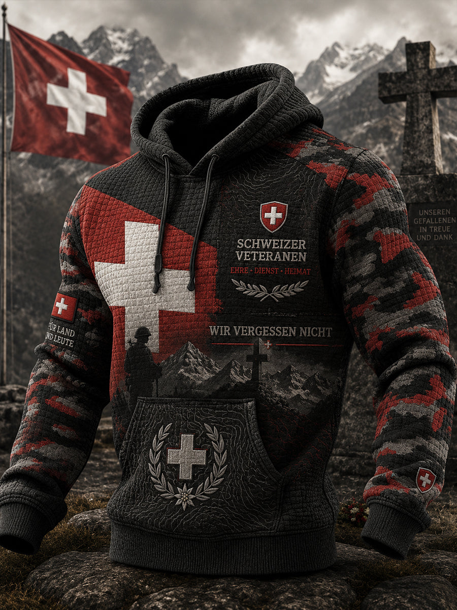 Herren-Vintage-Kapuzenpullover im militärinspirierten Waffelstrick mit grafischem Print