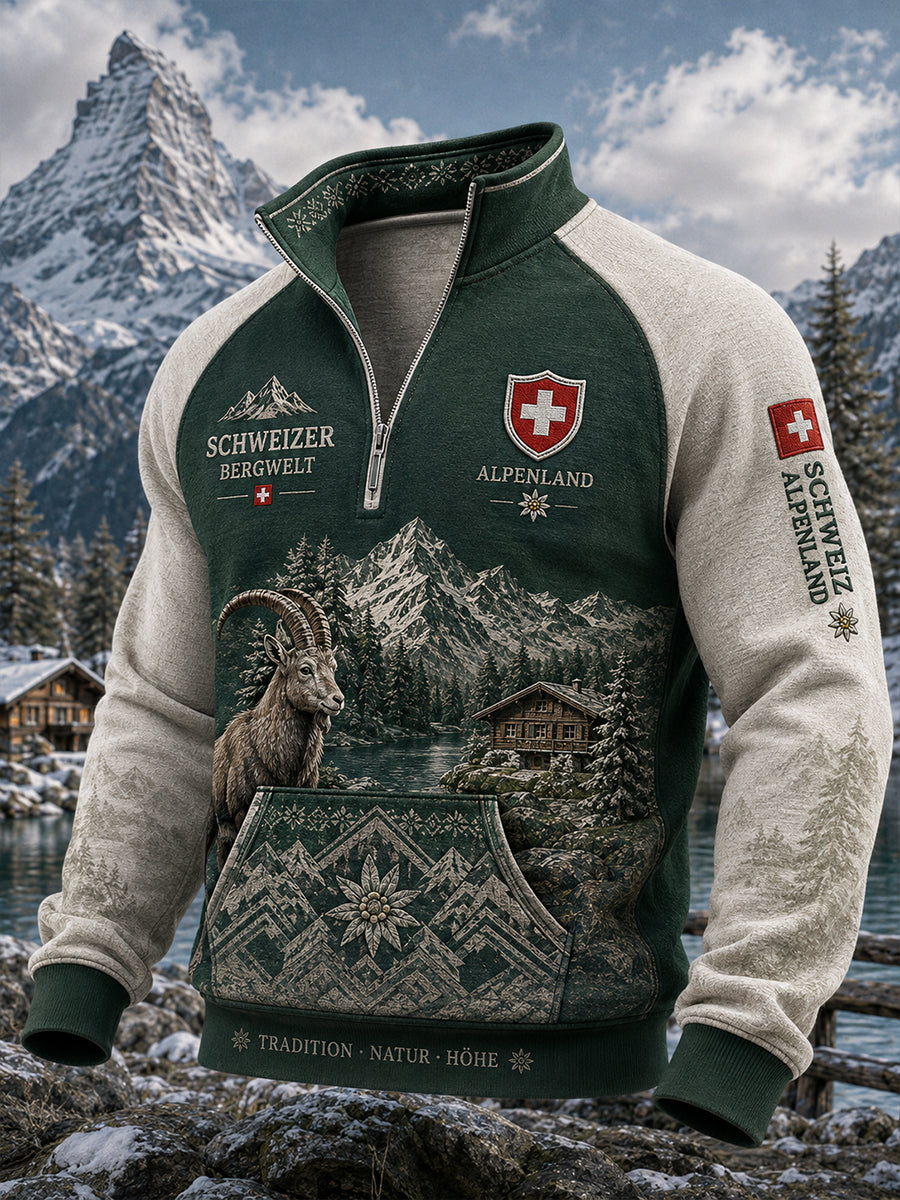 Herren-Oberteil mit langen Raglanärmeln und durchgehendem Reißverschluss, mit grafischem Schneeberg-Print