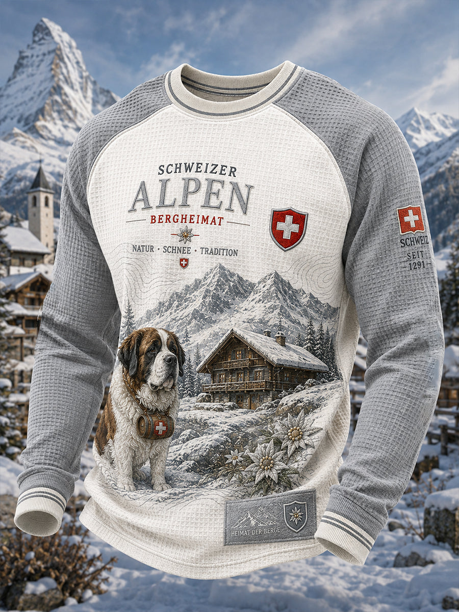 Herren-Top im Vintage-Stil mit Waffelstruktur, Raglanärmeln und grafischem Schneeberg-Print