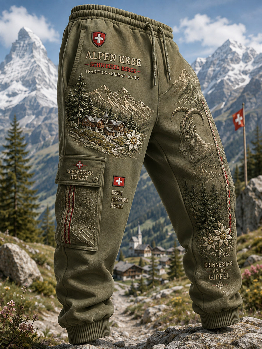 Herren-Langhose im Vintage-Stil mit einem Erinnerungsdruck eines schneebedeckten Berges