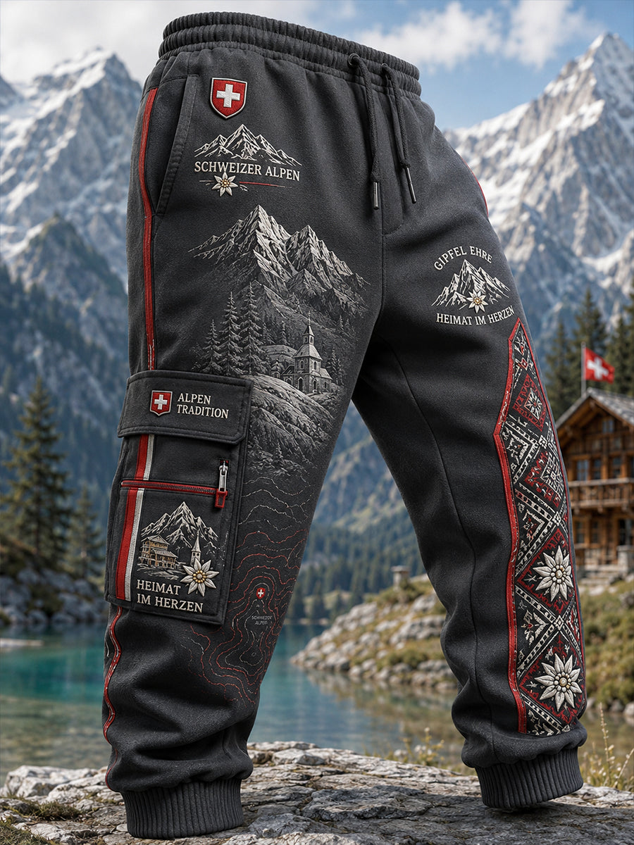 Herren-Langhose im Vintage-Stil mit einem Erinnerungsdruck eines schneebedeckten Berges