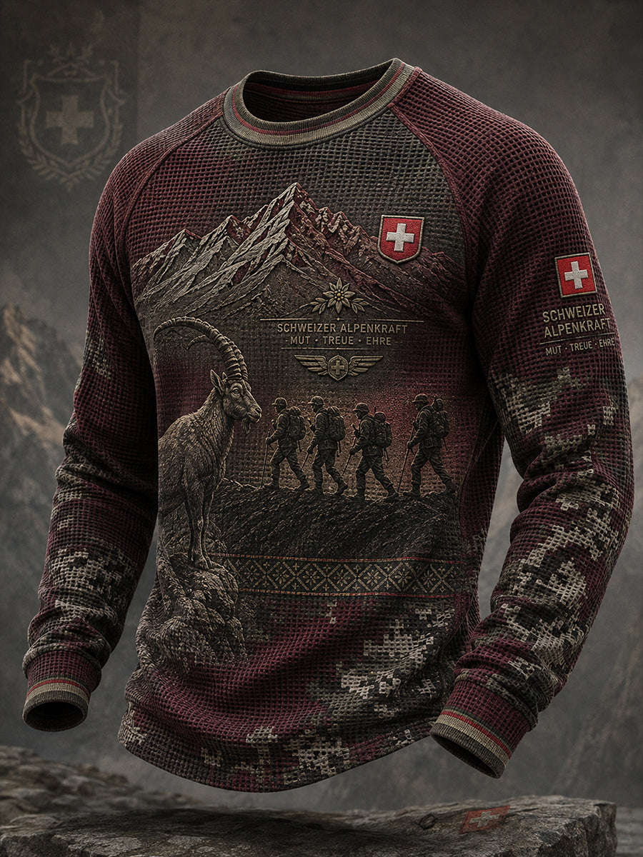 Herren-Raglan-Top aus Waffelstrick mit langen Ärmeln und militärischem Camouflage‑Muster