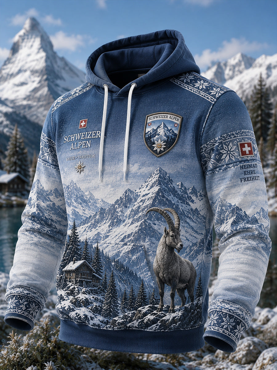 Herren-Kapuzenpullover mit langen Ärmeln und alpin inspiriertem Print
