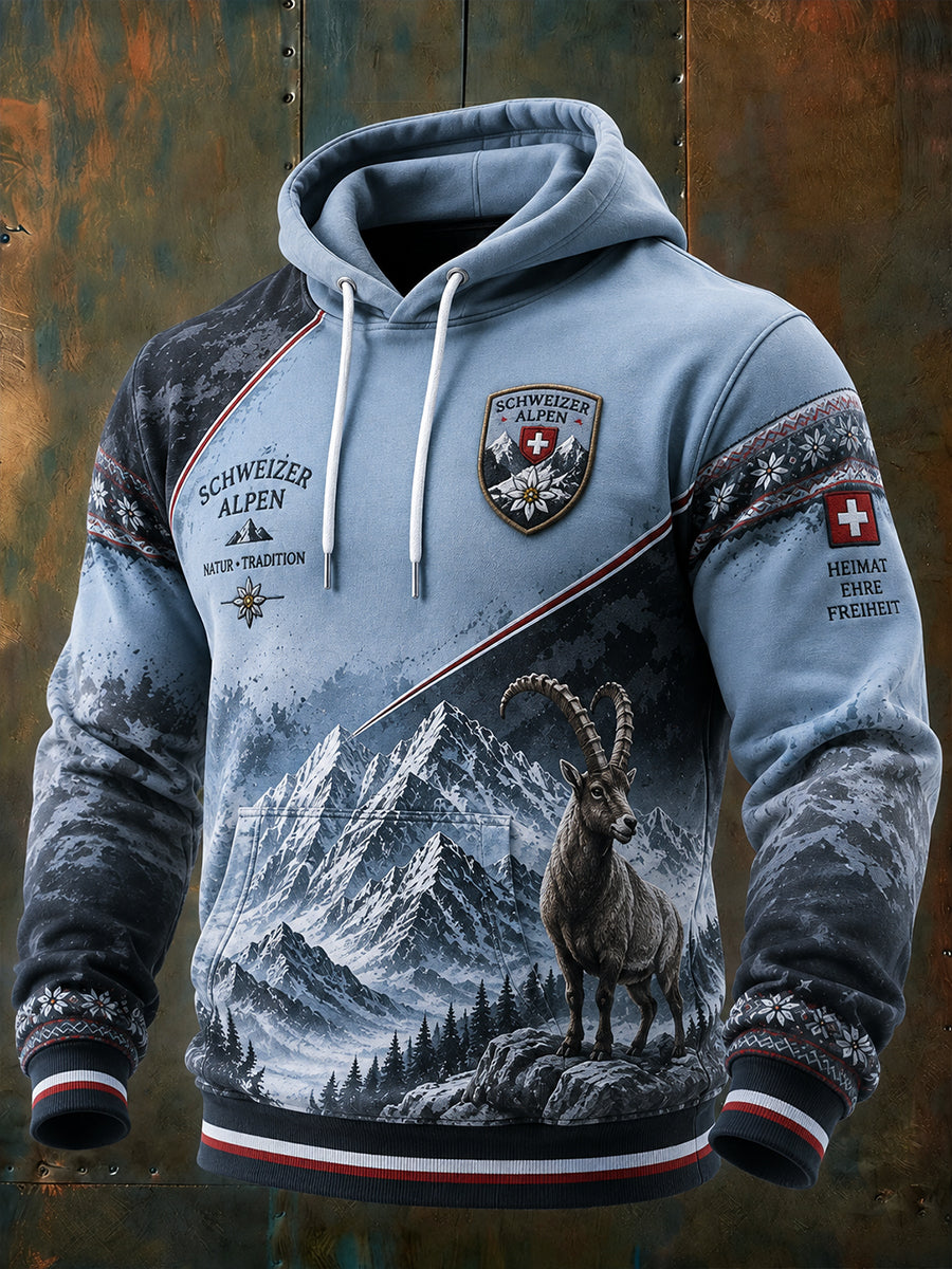 Herren-Kapuzenpullover mit langen Ärmeln und alpin inspiriertem Print
