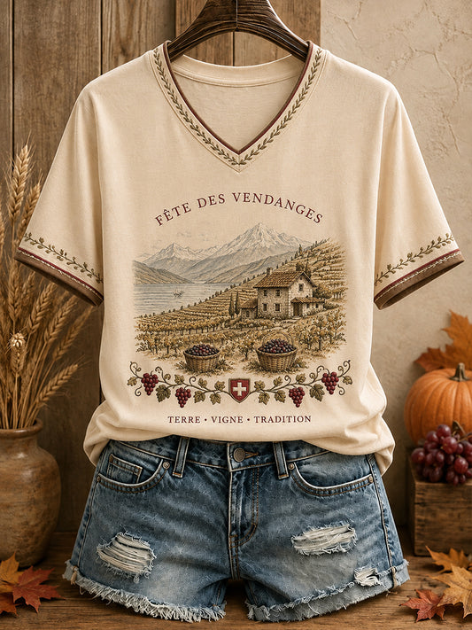 Damen-Herbst-T-Shirt mit Schweizer Erntefest-Kunstdruck