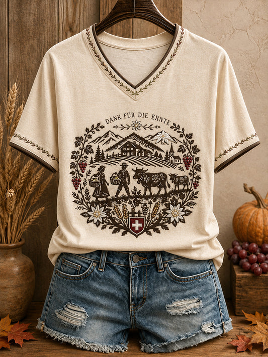 Damen-Herbst-T-Shirt mit Schweizer Erntefest-Kunstdruck