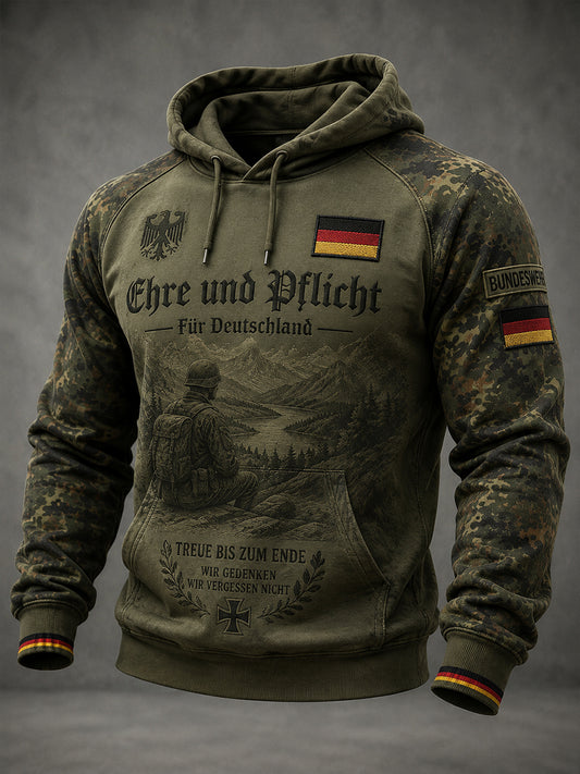 Herren-Kapuzenpullover im Vintage-Stil mit Veteran-Motiv und tief angesetzten Schultern