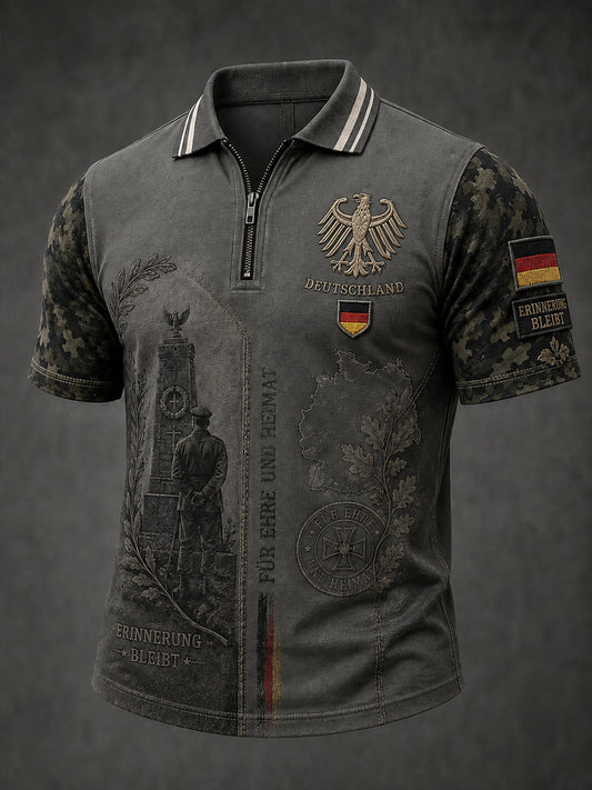 Herren-Poloshirt im Vintage-Stil mit Veteranen-Print, kurzen Ärmeln und durchgehendem Reißverschluss auf der Vorderseite