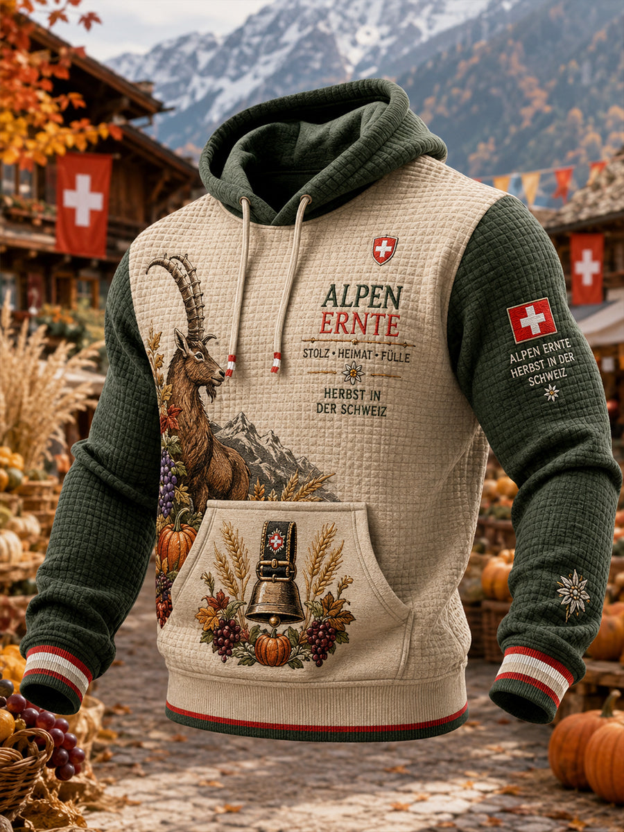 Herren-Kapuzenpullover mit grafischem Erntefest-Print und Waffelstruktur, langärmlig