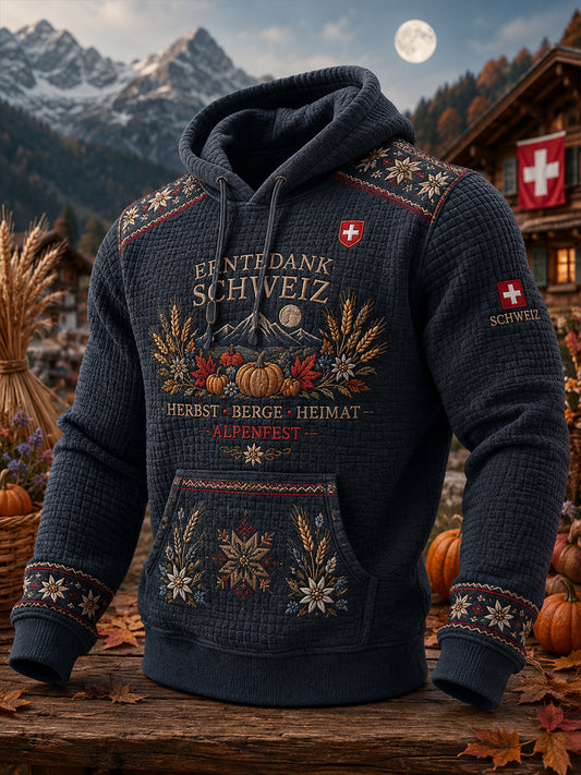 Herren-Kapuzenpullover mit grafischem Erntefest-Print und Waffelstruktur, langärmlig