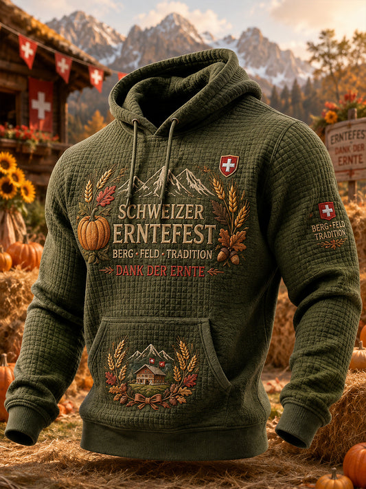 Herren-Kapuzenpullover mit grafischem Erntefest-Print und Waffelstruktur, langärmlig
