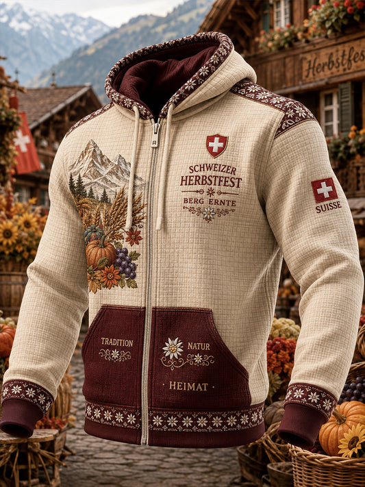 Herren-Harvest-Festival-Kapuzenpullover mit grafischem Print, Waffelstrick und Reißverschluss
