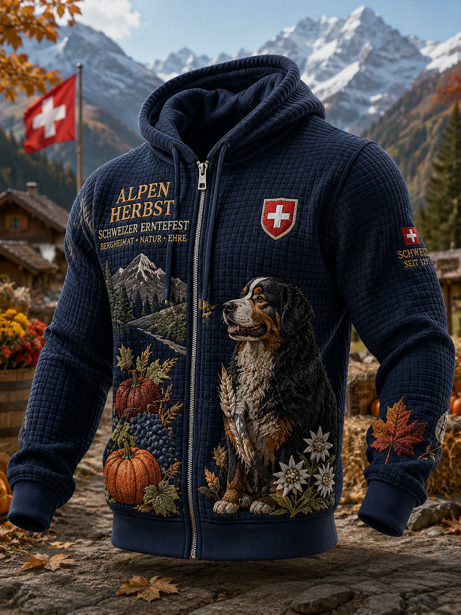 Herren-Harvest-Festival-Kapuzenpullover mit grafischem Print, Waffelstrick und Reißverschluss