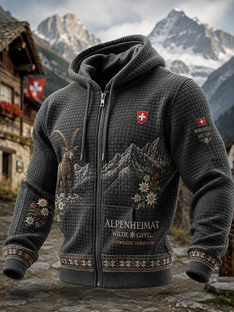 Herren-Kapuzenpullover im Alpen-Design aus Waffelstrick mit durchgehendem Reißverschluss