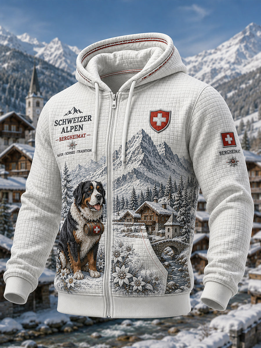 Herren-Kapuzenpullover im Alpen-Design aus Waffelstrick mit durchgehendem Reißverschluss