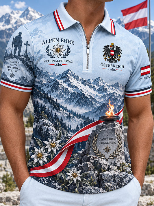 Herren-Poloshirt mit Nationalfeiertagsmotiv, Kurzarm und durchgehendem Reißverschluss vorn