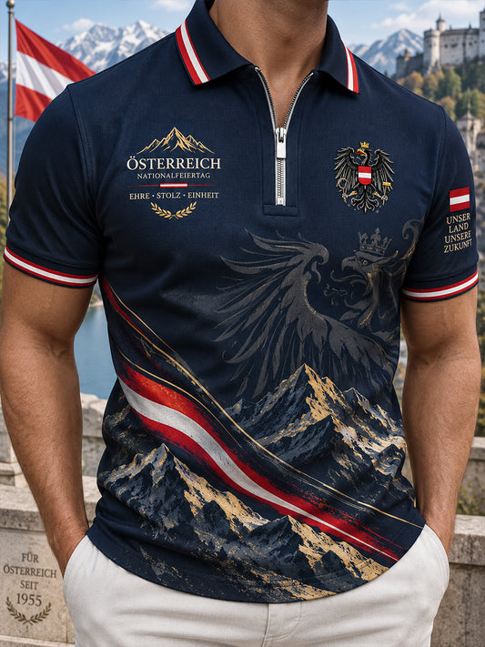 Herren-Poloshirt mit Nationalfeiertagsmotiv, Kurzarm und durchgehendem Reißverschluss vorn
