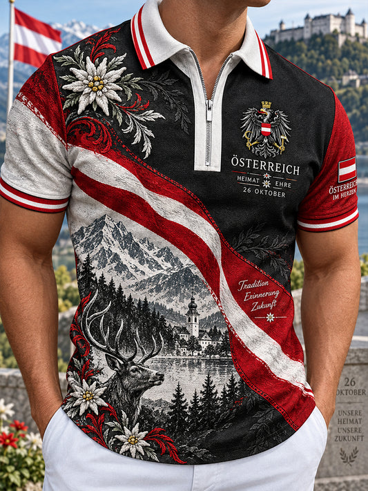 Herren-Poloshirt mit Nationalfeiertagsmotiv, Kurzarm und durchgehendem Reißverschluss vorn